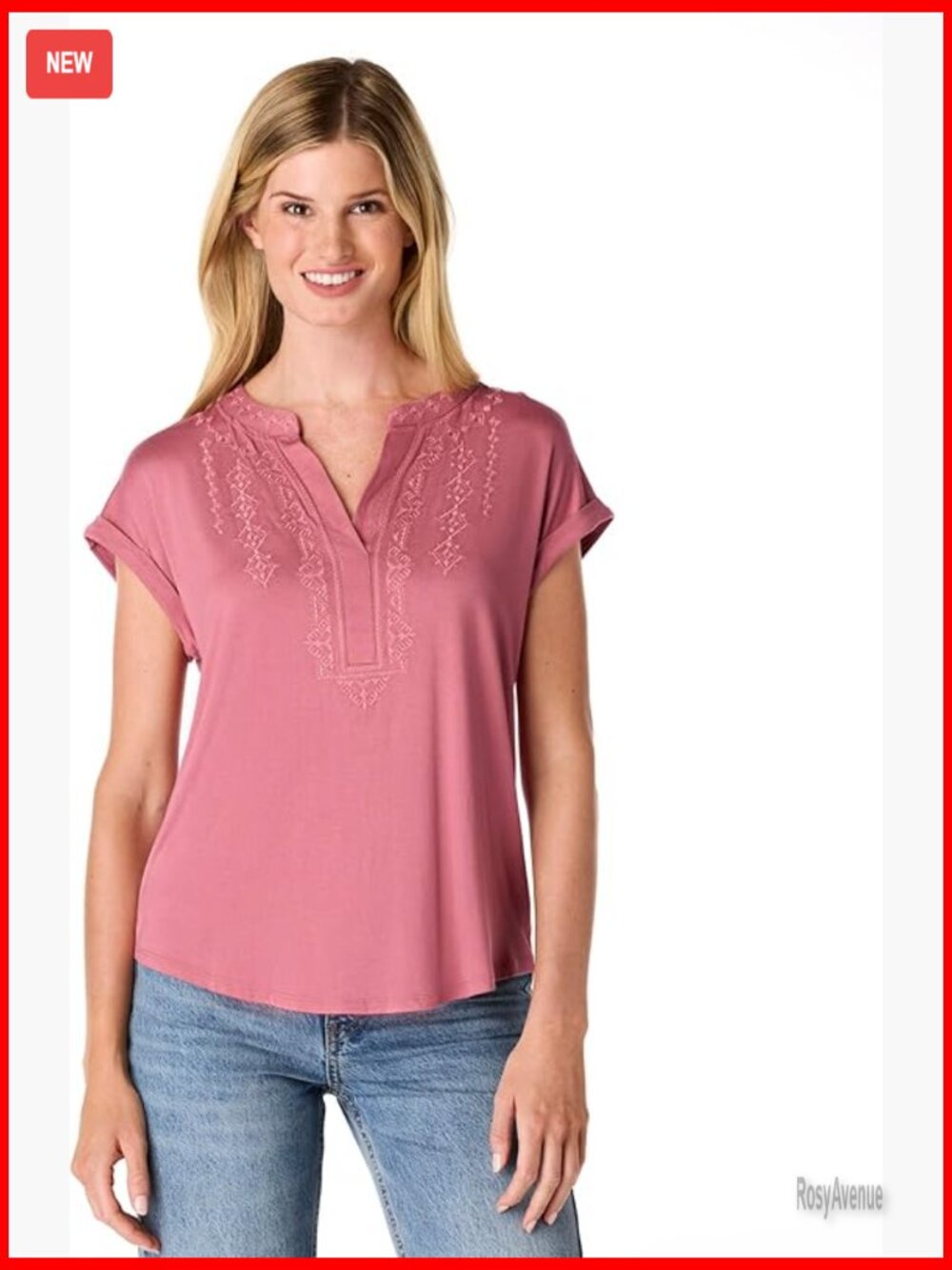 Embroidered Henley Top - Cap Sleeve Split Neck, Soft Stretchy Jersey, Casual